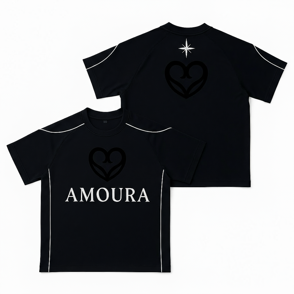 Black t-shirt with 'AMOURA PARIS' logo on a white background